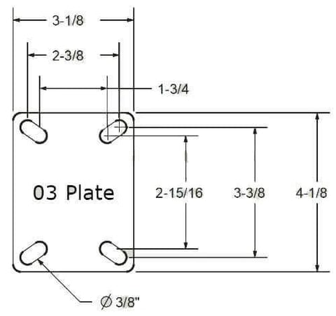 Diagram of 03 mounting plate with measurements for 3” Bakery Rack Oven Casters, Handles temperatures up to 475°F Continuous & 550 °F Intermittent, Set of 4 (No Brakes).