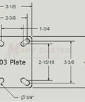 Technical diagram of High Temp Bakery Rack Caster Kit mounting plate with dimensions, including bolt hole spacing and placement.