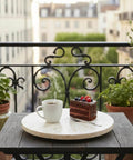 12.6 inch decorative lazy susan turntable with mother of pearl inlay, handcrafted rotating tray with coffee and cake on a balcony table.
