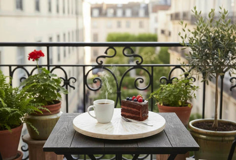 12.6 inch decorative lazy susan turntable with mother of pearl inlay, handcrafted rotating tray with coffee and cake on a balcony table.
