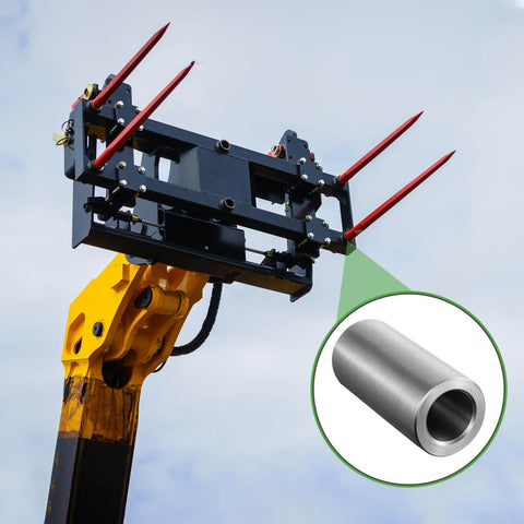 Two Pack Bale Spear Weld On Sleeves, 4.25 Inch Length, 1.96 OD, installed on loader with close-up of sleeve