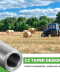 Two Pack Bale Spear Weld On Sleeves, 4.25 Inch Length, 1.96 Inch Outer Diameter, Fits 1.65-1.8 Inch C2 Hay Bale Spears with tractor in field