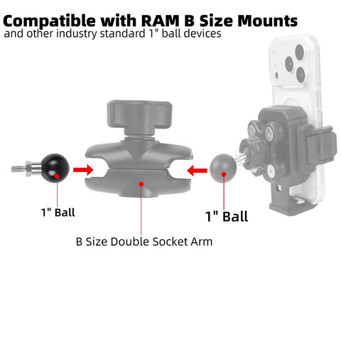 Diagram showing One Inch Ball Adapter With M6 X 1.0mm Threaded Post For RAM Mounts B Size Double Socket Arm and phone mount