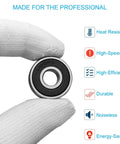 Gloved hand holding 100 PCS 608-2RS Ball Bearing - Double Rubber Sealed Shielded Miniature Deep Groove Bearings with features listed