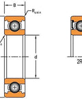 Technical diagram showing elements of a bearing with labeled dimensions B, D, R, and d in cross-section views, highlighting inner workings.