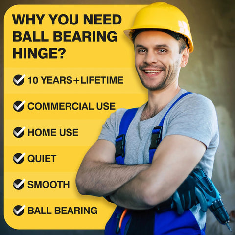 Man in construction attire promoting Ball Bearing Door Hinges 3.5 Inch Heavy Duty Stainless Steel For Replacing Standard Hinges.