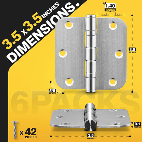 Ball Bearing Door Hinges 3.5 Inch Heavy Duty Stainless Steel For Replacing Standard Hinges With 5/8 Radius Corner, 6 Pack