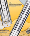 Close-up of Heavy Duty Drawer Slides 500 Lb Capacity Full Extension Ball Bearing Side Mount Rails with ABS rubber pads.