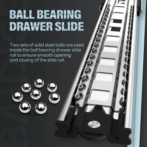 Close-up of Heavy Duty Drawer Slides 12 To 40 Inch Full Extension Ball Bearing Rails Side Mount 150 Lb Load Capacity steel structure