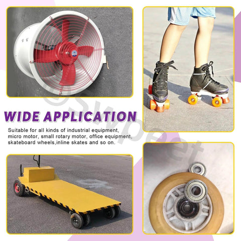 Collage showing uses for 60pcs Ball Bearings Assortment Kit with 693ZZ 623ZZ 624ZZ 685ZZ 687ZZ 627ZZ in fans, skates, carts, and wheels.