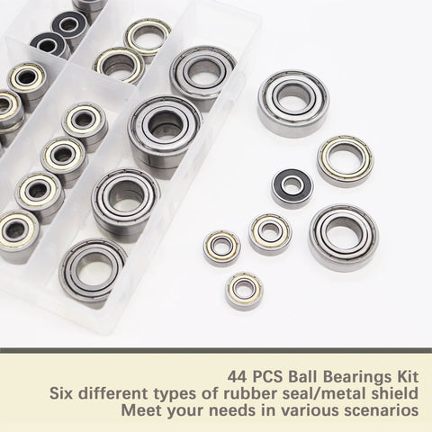 Ball Bearings Assortment Kit 44 Pieces 7 Sizes Deep Groove Carbon Steel displayed in plastic box with loose bearings