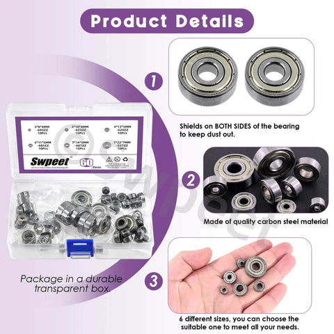 60pcs Ball Bearings Assortment Kit with 693ZZ 623ZZ 624ZZ 685ZZ 687ZZ 627ZZ in case, showing steel bearings and details on usage