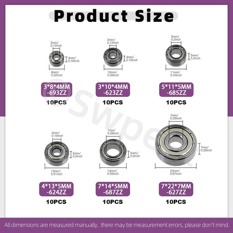Product size chart for 60pcs Ball Bearings Assortment Kit with 693ZZ 623ZZ 624ZZ 685ZZ 687ZZ 627ZZ, showing dimensions and quantities.