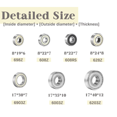 Ball Bearings Assortment Kit 44 Pieces 7 Sizes Deep Groove Carbon Steel For Furniture Wheels Roller Skates 3D Printing Showing Sizes