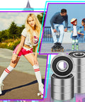 30-Pack 608RS Sealed Ball Bearings for Skateboards, Inline Skates, Scooters and Rollerblades with people skating.