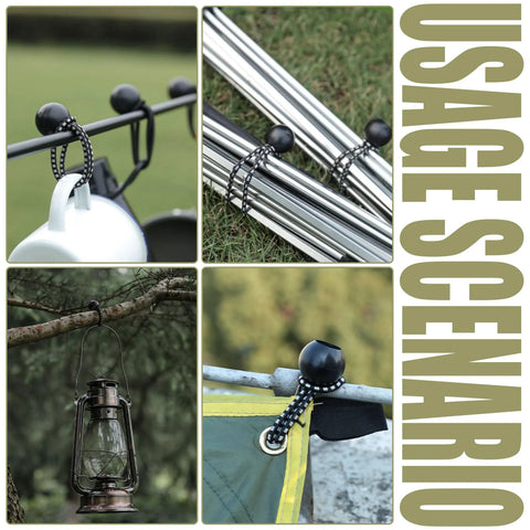 30 Pack Ball Bungee Cord Set With 6 Inch Elastic Cords And 1 Inch Nylon Balls used for securing camping gear and tarps