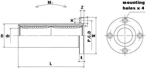 Technical drawing of NB SWF12WUU 3/4" inch Ball Bushings Round Flange Wide Linear Motion with dimensions and mounting holes.