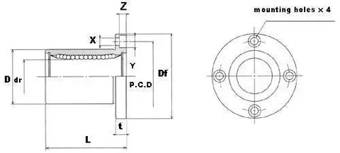 Technical diagram of SWF20GUU NB 1-1/4" Ball Bushings Round Flange Linear Motion with dimensions and mounting holes, 1-pack.