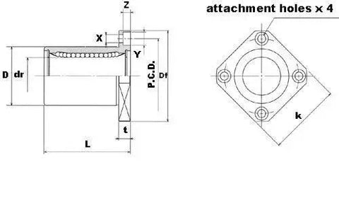 Technical drawing of SWK20G NB 1-1/4" Ball Bushings Square Flange Linear Motion for automation systems, showing dimensions and attachment holes.