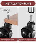 Installation guide for 2 Inch Ball Caster Wheels With Threaded Stem Stem Diameter Three Eighths Inch And Stem Length One Inch Heavy Duty 1200 Lbs Swivel Castors Set Of Four Replacement Wheels For Furniture Cart Chair Cabinets And Coffee Table showing mounting options on plate and threaded pipe.