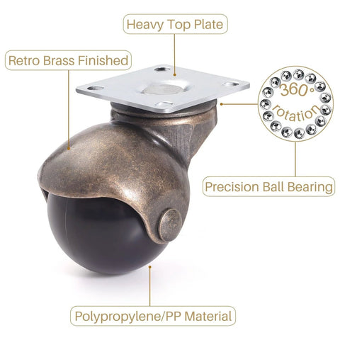 1.5 Inch Ball Caster Wheels Set Of 4 With Antique Brass Top Plate Castors For Coffee Table And Ottoman