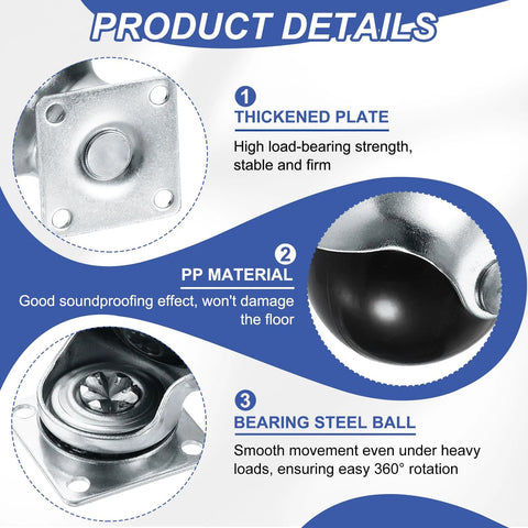 1.5 Inch Ball Caster Wheels for Furniture Swivel Casters With Top Plate Mount Silver Pack of 4 Includes Self-Tapping Screws and Small Screwdriver at 40 mm Diameter showcasing product details