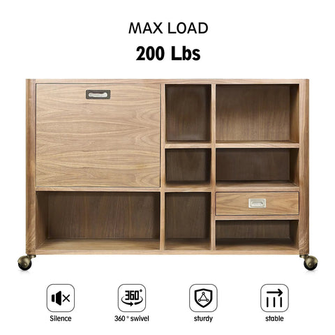 Wooden cabinet with 4 Pack Ball Caster Wheels Set 1.5 Inch Brass Plate Swivel Casters With Screws, Max Load 200 Lbs, shown installed.