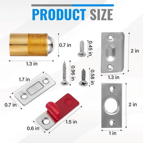 Product size diagram for 4 Piece Ball Catch Set For Top Of Door And Closet Doors With Extra Long Screws And Magnetic Latch