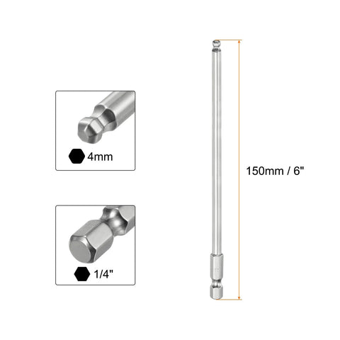 Ball End Hex Screwdriver Bit Set Four Millimeter H4 with One Quarter Inch Hex Shank and Six Inch Long Magnetic Bits for Precision Assembly