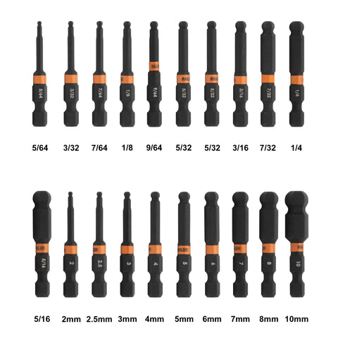 Ball End Hex Bit Set 20 Piece For Impact Drivers 2 Inch With Bit Holder And Carabiner Premium S2 Steel metric sizes displayed