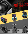 Professional Ball Head Mount With 360 Degree Rotation showing compatibility with cameras, featuring 1/4 and 3/8 inch threads, durable aluminum