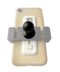 Universal Ball Head Mount Adapter attached to a smartphone holder, viewed from above, showing 1/4 screw and ball joint design.