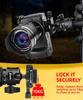 Universal Ball Head Mount With Arca Swiss Plate for DSLRs securely holding camera on tripod with 10 kg load shown in night setup