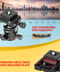 Universal Ball Head Mount With Arca Swiss Plate For DSLRs And Action Cameras Heavy Duty 10 Kilogram Load 360 Degree Panoramic Tripod