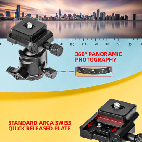 Universal Ball Head Mount With Arca Swiss Plate For DSLRs And Action Cameras Heavy Duty 10 Kilogram Load 360 Degree Panoramic Tripod