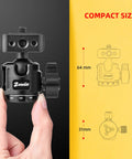 Hand holding Professional Ball Head Mount With 360 Degree Rotation One Quarter Inch And Three Eighths Inch Thread, showing compact size.