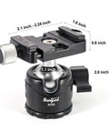 Ball Head Mount for Rifle Tripods and Shooting Sticks with Arca Swiss Plate, showing dimensions and adjustment knobs.