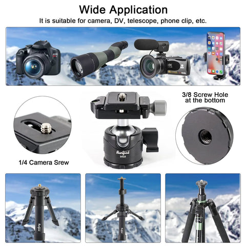 Ball Head Mount for Rifle Tripods and Shooting Sticks with Arca Swiss Plate, 1/4 Inch Screw, 3/8 Inch Thread, wide application shown