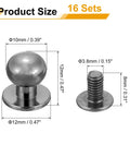 16Pcs Ball Head Button Stud Rivets With Screw Back For Leather Crafts 12x10x12mm Button Studs And 8x3.8mm Screws