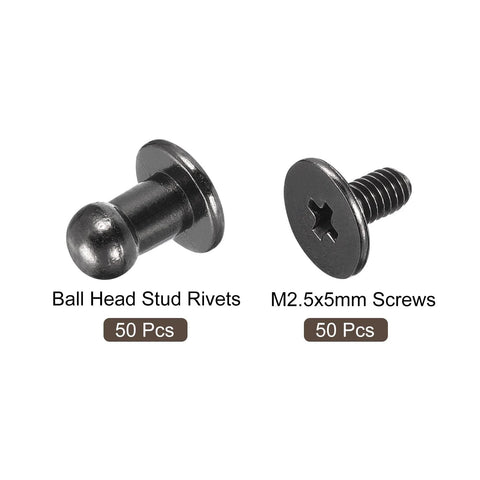 4mm Ball Head Stud Rivets Set With Screw Back 50 Pack for DIY leather craft projects in metallic black zinc alloy.