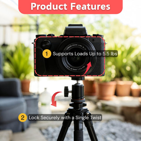 Quarter Inch Mini Ball Head Tripod Mount 3 Pack With 360 Degree Rotating Panoramic Base Adapters holding camera on tripod