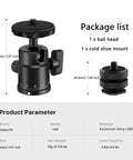 Universal Quarter Inch Swivel Mini Ball Head Tripod Mount With Hot Shoe Attachment For DSLR Cameras package list and dimensions