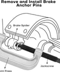 Diagram showing a ball joint press with jackscrew and brake spider for removing brake anchor pins. Heavy Duty Ball Joint Press Kit With U Joint Removal Tool And 4WD Adapters For Most 2WD And 4WD Cars Trucks SUV Pickups And Light Duty Applications Acymner Professional Grade Auto Repair Tool For Pros.