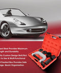 Ball Joint Press and U Joint Removal Kit, 10 PCS in portable storage case next to a silver car on a red and gray background.