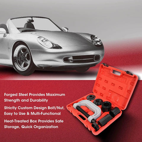 Ball Joint Press and U Joint Removal Kit, 10 PCS in portable storage case next to a silver car on a red and gray background.