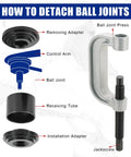 Heavy Duty Ball Joint Removal Tool And U Joint Press Kit components for 2WD and 4WD cars, showing adapters and press with labels