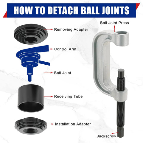 Heavy Duty Ball Joint Removal Tool And U Joint Press Kit components for 2WD and 4WD cars, showing adapters and press with labels