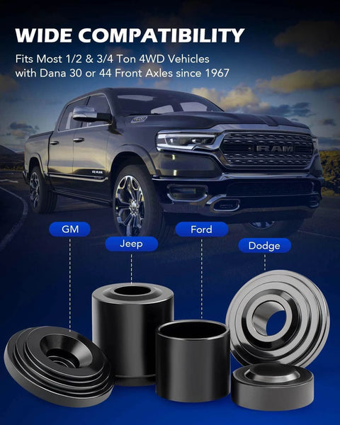 Ball Joint Press Kit, Heavy Duty Ball Joint Removal Tool Kit with 4x4 Adapters, shown with 4WD truck and components.