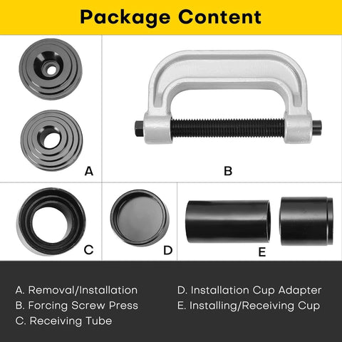 Package content of Heavy Duty Ball Joint Press Kit With U Joint Removal Tool And 4WD Adapters For Most 2WD And 4WD Cars Trucks SUV Pickups