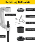 Diagram showing components of Heavy Duty Ball Joint Press Kit With U Joint Removal Tool And 4WD Adapters, including installation adapter and jackscrew.